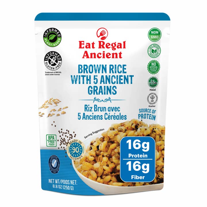Eat Regal Brown Rice with 5 Ancient Grains Pouch- 8.8oz for wholesale by Regal Kitchen Foods