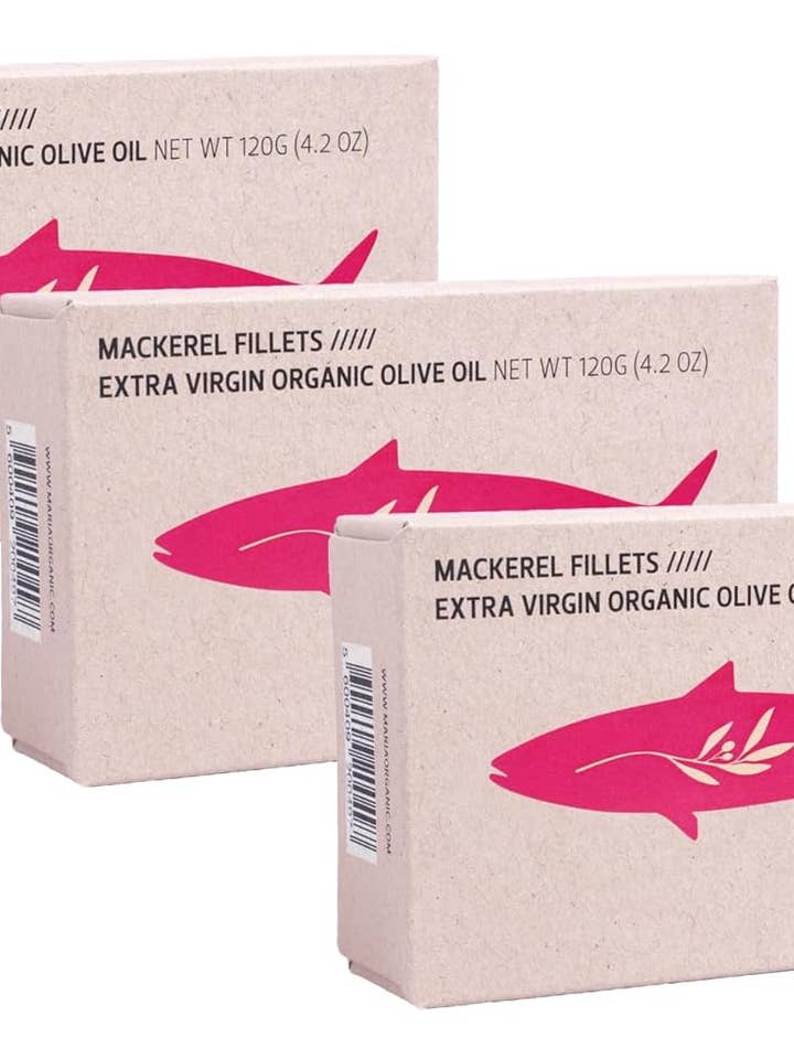 Maria Organic Portugal Mackerel Fillets in Organic EVOO with Piri-Piri- 3 Pack for wholesale by Tin Can Fish ( BELA, Cantara, Mar, Porthos, Varina )