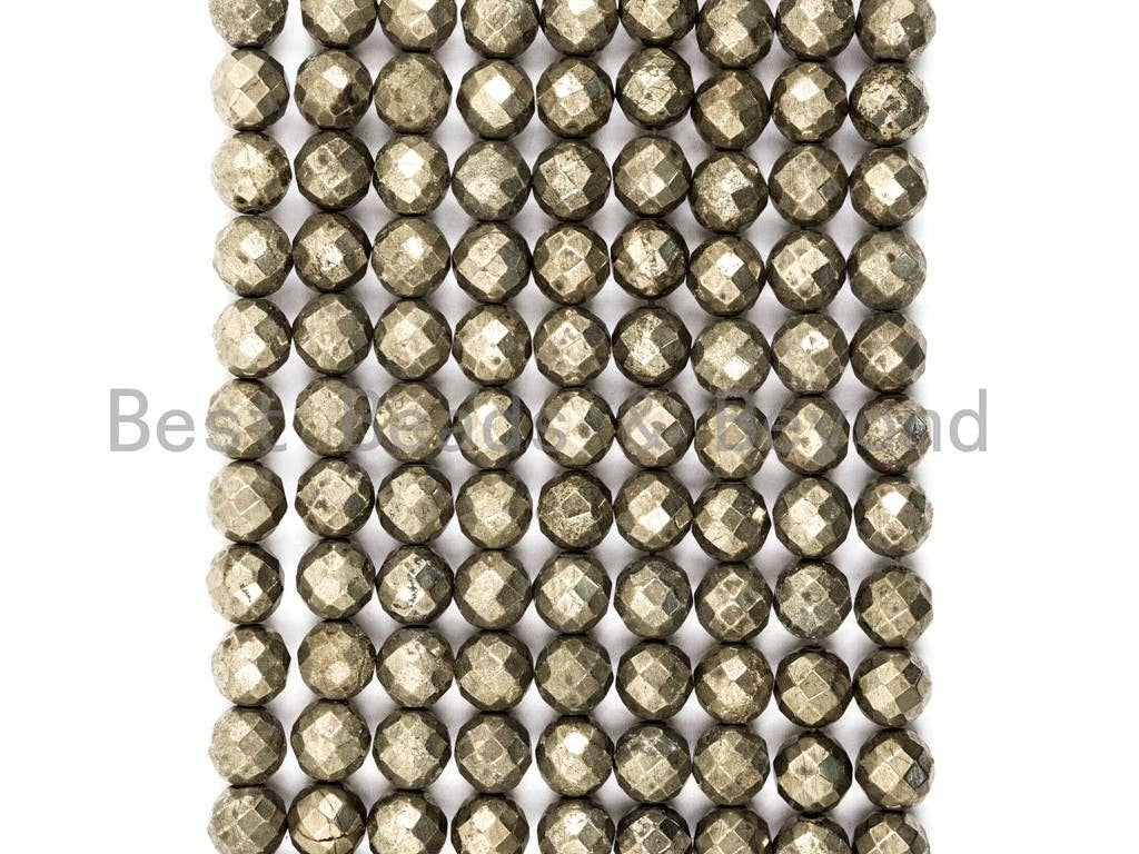 BestBeads&Beyond - Wholesale Beads - Quality Natural Pyrite 2mm/3mm/4mm/6mm/8mm/10mm/12mm/14mm/16mm beads, Round Faceted Pyrite Gemstone Beads, 15inch strand, SKU#W22