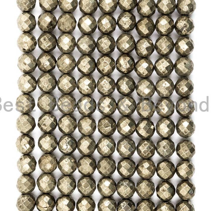 BestBeads&Beyond - Wholesale Beads - Quality Natural Pyrite 2mm/3mm/4mm/6mm/8mm/10mm/12mm/14mm/16mm beads, Round Faceted Pyrite Gemstone Beads, 15inch strand, SKU#W22