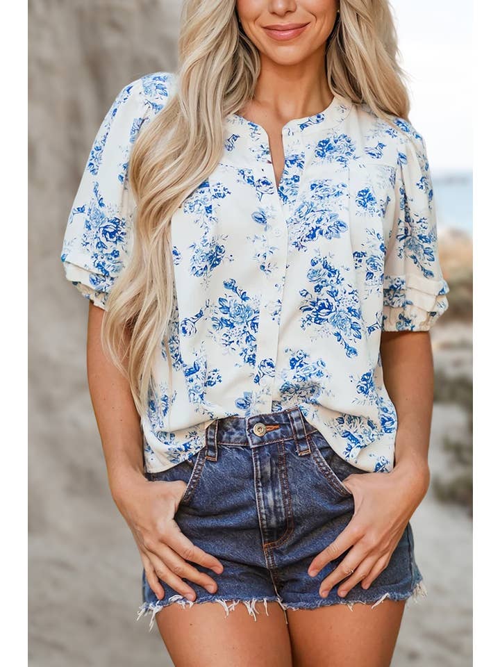 Comme indiqué Chemisier à boutons avec manches bouffantes plissées et motif floral BOHO | S-XL en vente sur Faire