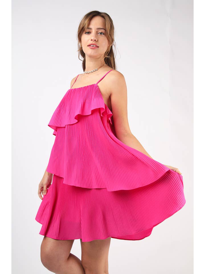 VERY J - Wholesale Dress - Women's - ND31222-Sleeveless Pleats Asymmetrical Tiered Mini Dress