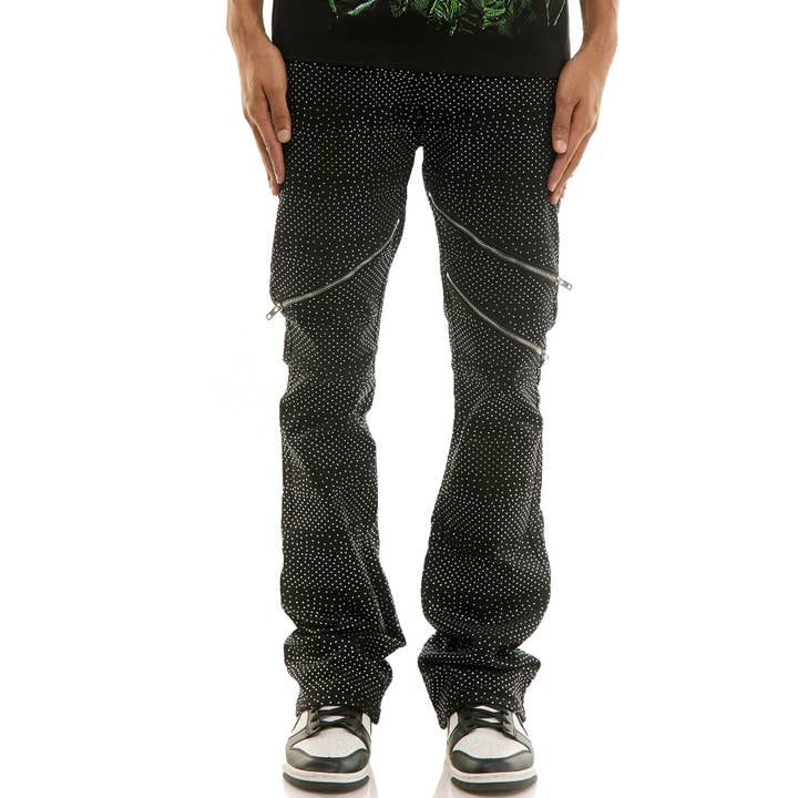 RHINESTONE ZIPPER FLARE PANTS for wholesale by KDNK