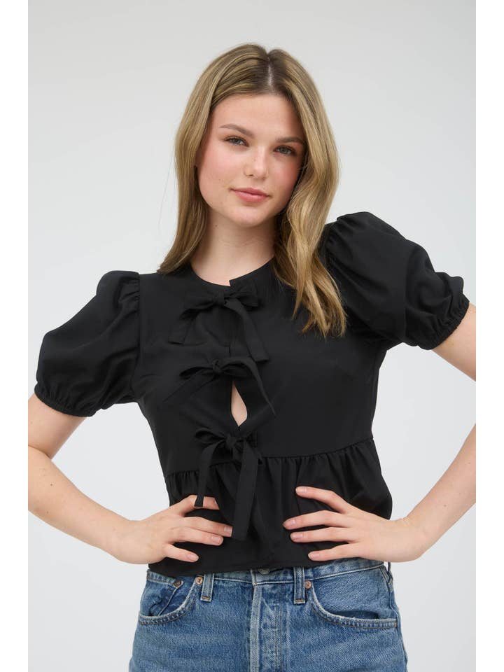 MINE - Wholesale Blouse - Women's - BOW FRONT TIE PUFF SLEEVE WOVEN TOP