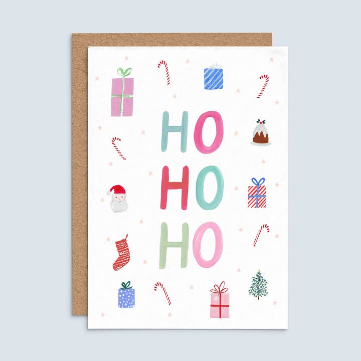 Ho Ho Ho Festive Christmas Card for wholesale by Elizabeth Mugridge