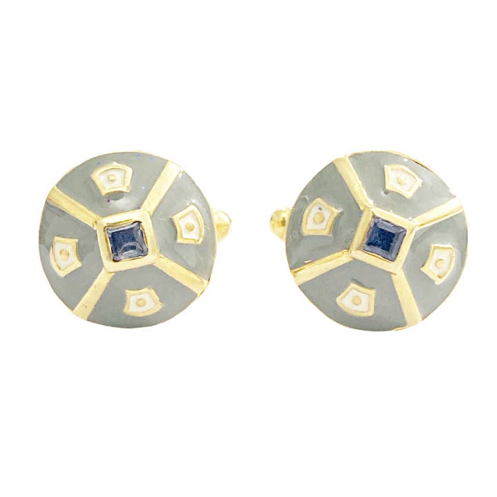 Bouton de manchette iolite et laiton plaqué or 14 ct émaillé pour la vente par Misteerious Seed