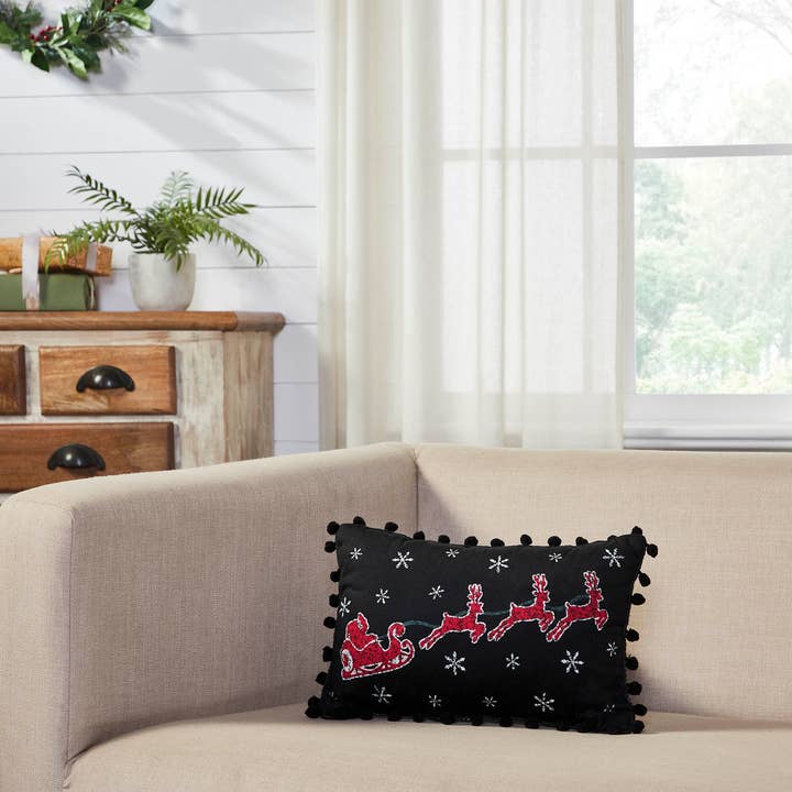VHC Brands - Wholesale Throw/Decorative Pillow - Annie Black Check Santa Sleigh Pillow 9.5x14
