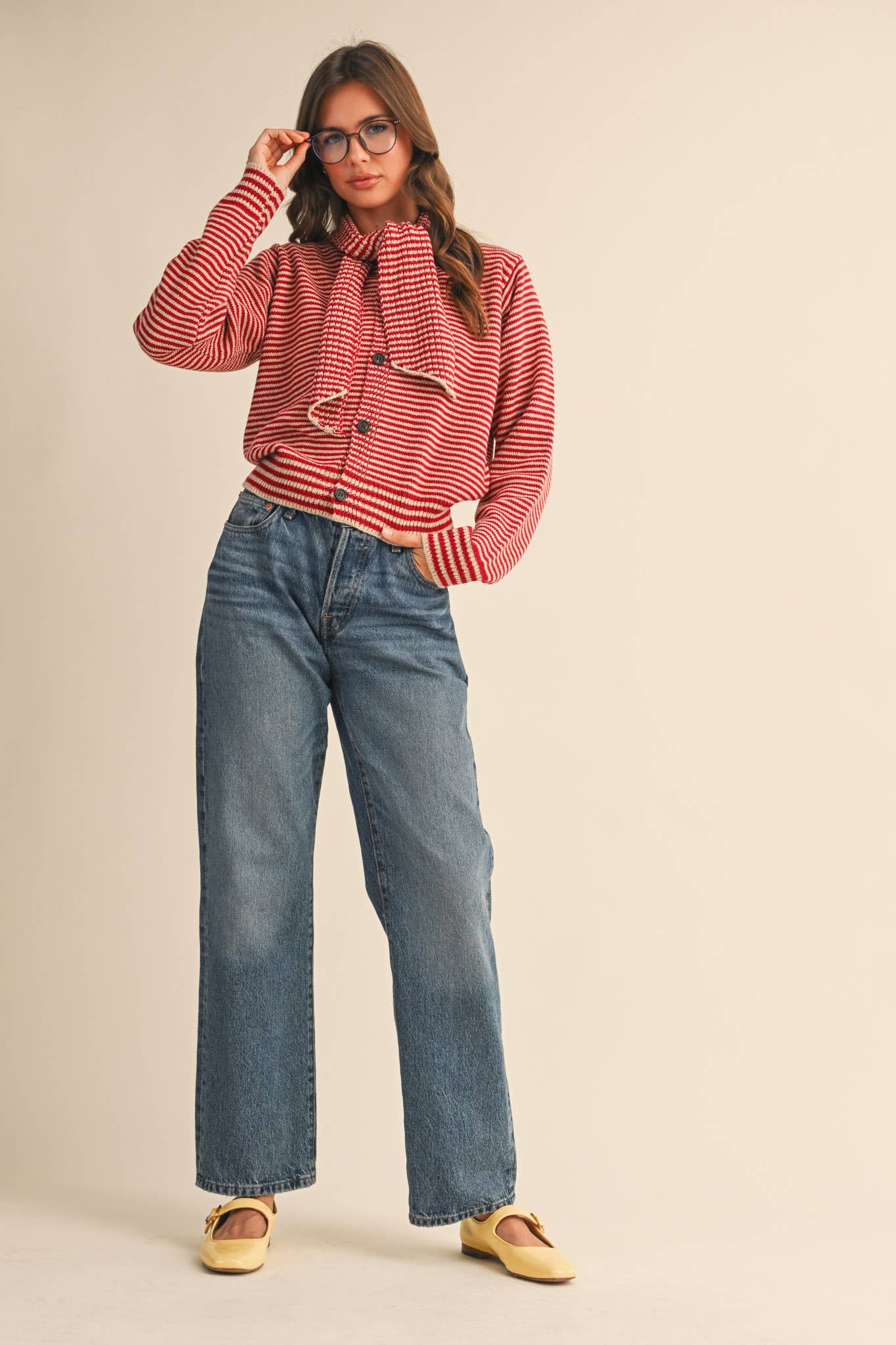 &MERCI - Wholesale Knit Sweater - Women's - STRIPED TYING NECK SWEATER CARDIGAN MSW1112517