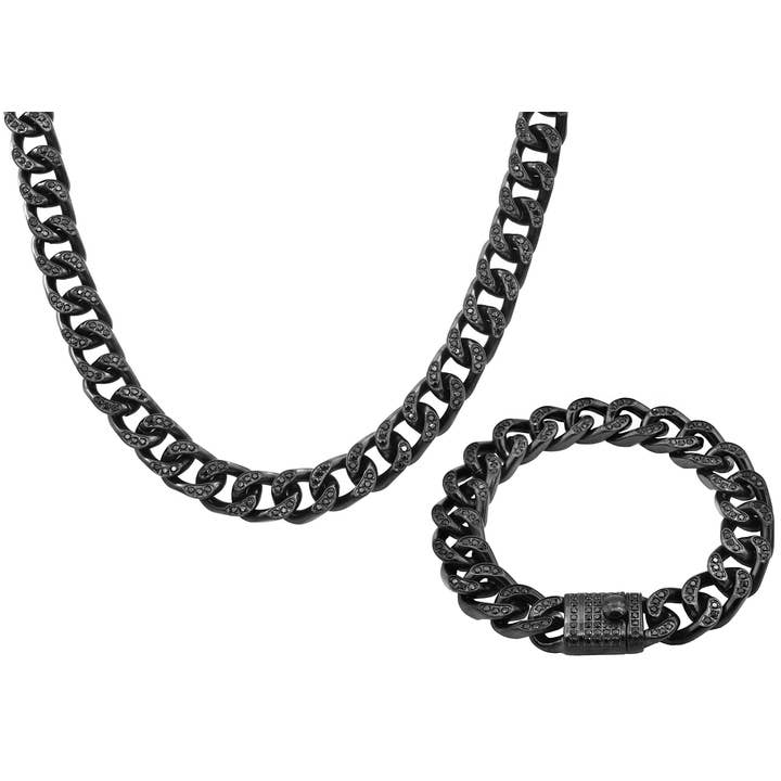 Mens Black Stainless Steel Curb Link Chain Set With Cubic Zirconia for wholesale by Blackjack Mens Jewelry