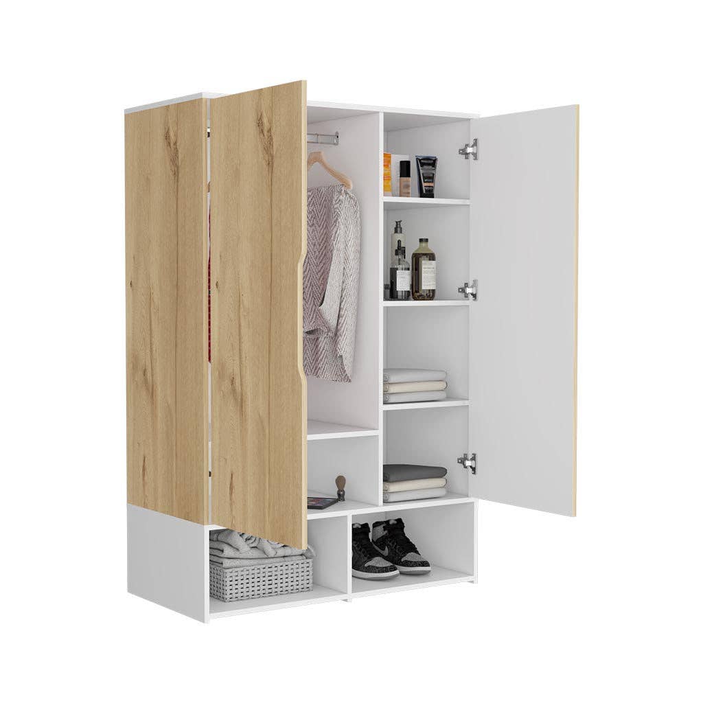 Light Oak White Rosie armoire, two open shelves, double door, hanging rod for wholesale on Faire3