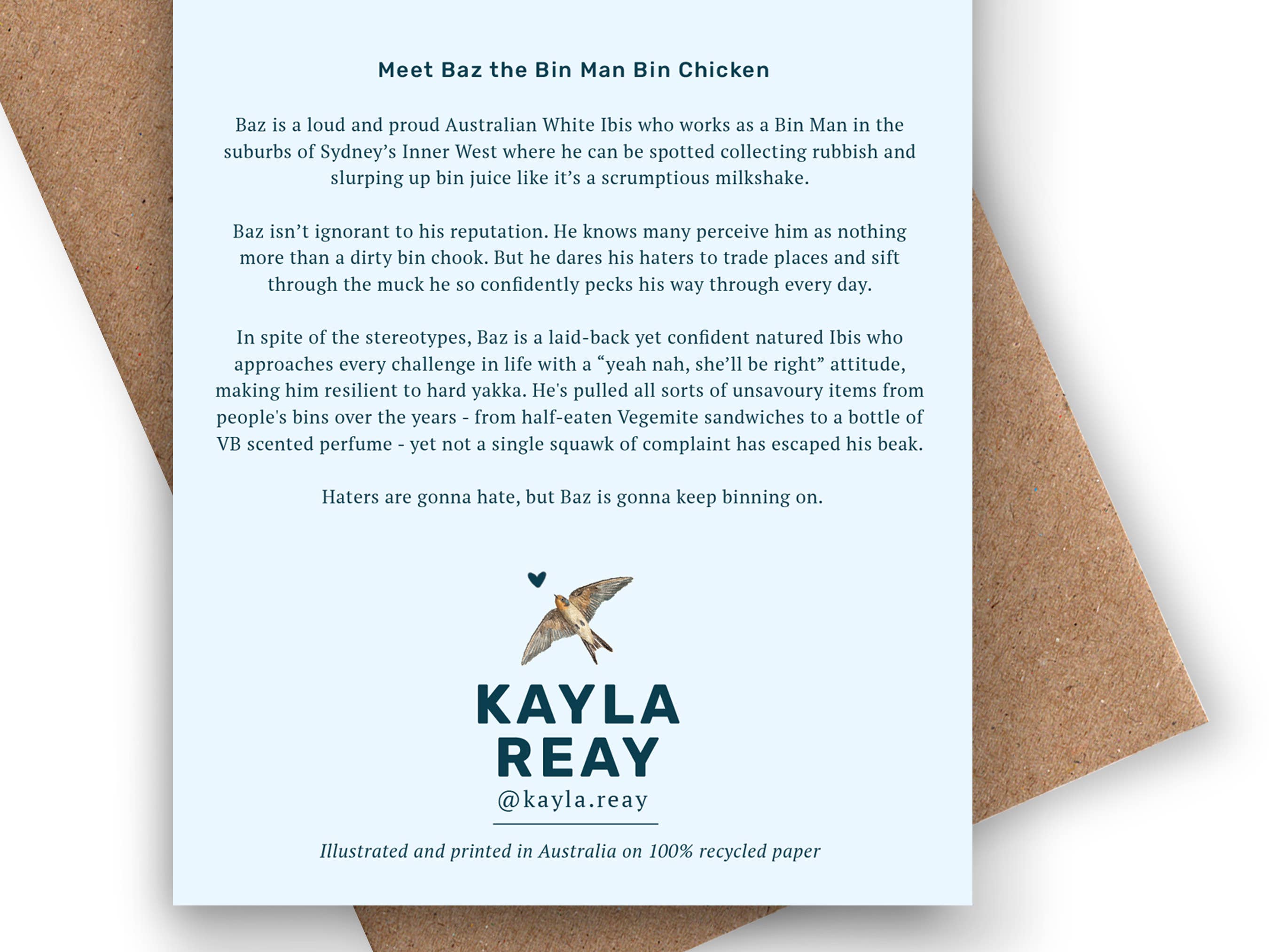 Kayla Reay Design - Vendita all'ingrosso Biglietti di auguri generici - Biglietto di Auguri Baz il Netturbino Pollo Spazzino - Arte Divertente con Animali2