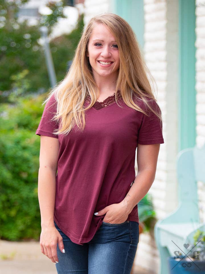 Lacey's V-Neck Tee, Plum for wholesale by GRACE+EMMA by Southern Grace