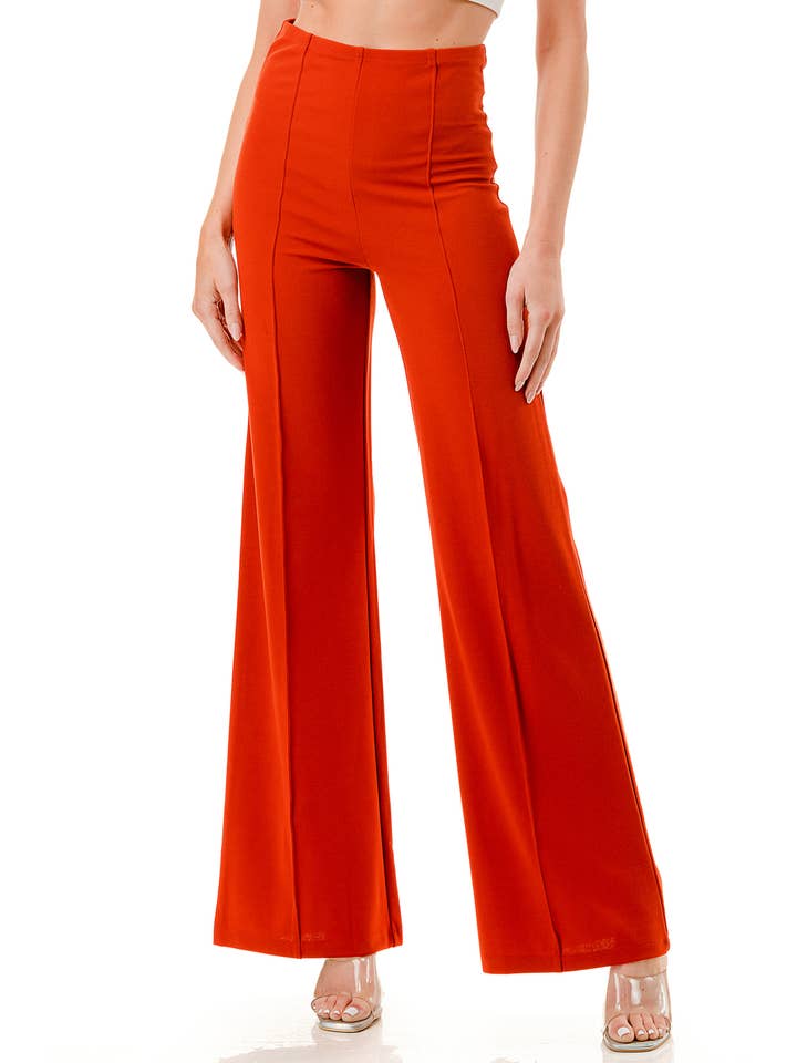 Color 5 - Wholesale Pants - Women's - Solid color wide leg high waist dressy pants with trim line