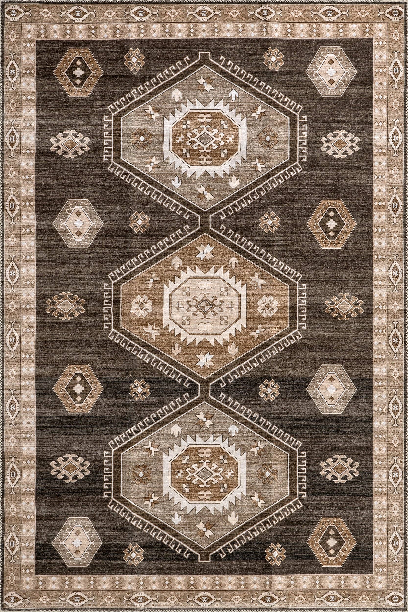 Dark Brown Anette SplashGuard Vintage Medallion Machine Washable Area Rug for wholesale on Faire0