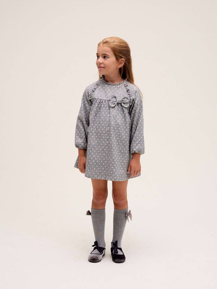 Grey Girl's dress in heather gray with polka dots for wholesale on Faire