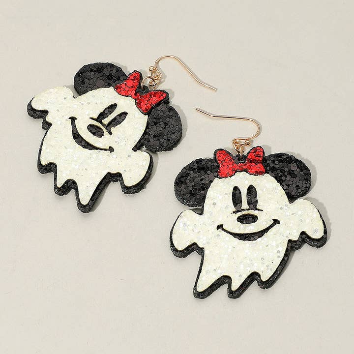 Sensibling Corp. - Wholesale Dangle Earrings - Glittered Halloween Cute Mouse Character Ghost Dangle Earrings