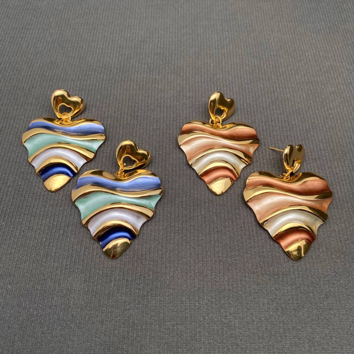 Colored Enamel Wave Heart 18K Gold Plated SS Earrings - FGS for wholesale by Mio Queena