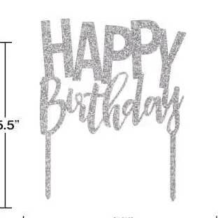 Silver Acrylic 'Happy Birthday' Cake Topper for wholesale by Party Expo, LLC