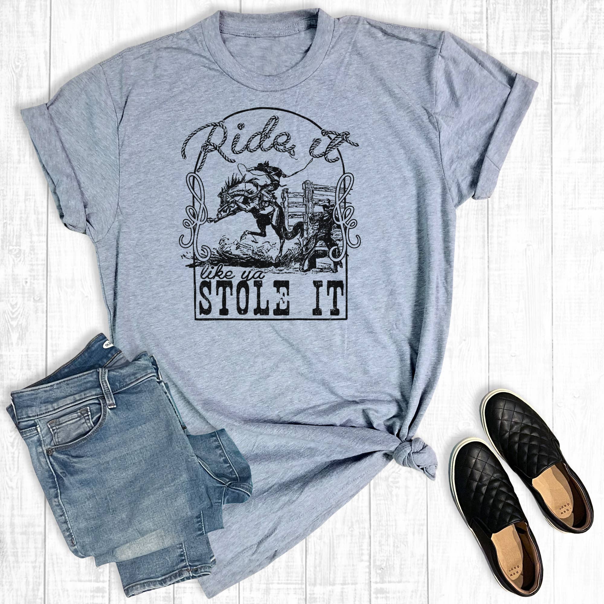 Grigio T-shirt con grafica Western Ride It Like You Stole It in vendita all'ingrosso su Faire0