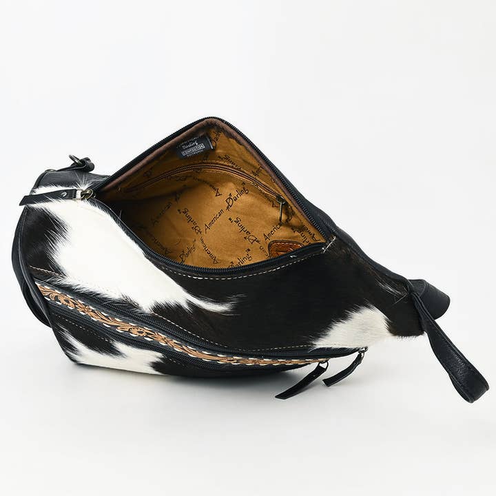 LS Western - Wholesale Backpack - Women's - ADBG1514 Black & White Cowhide Sling Backpack with Tooled Leather Accents7