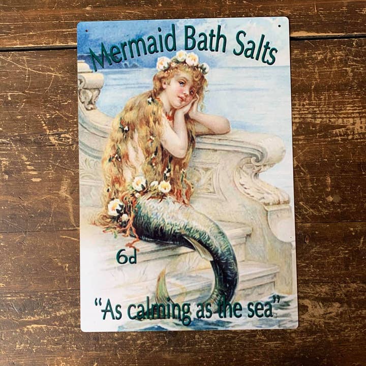 Letrero metálico de sales de baño de sirena con texto «As Calming para venta al por mayor de The British Metal Signs Company