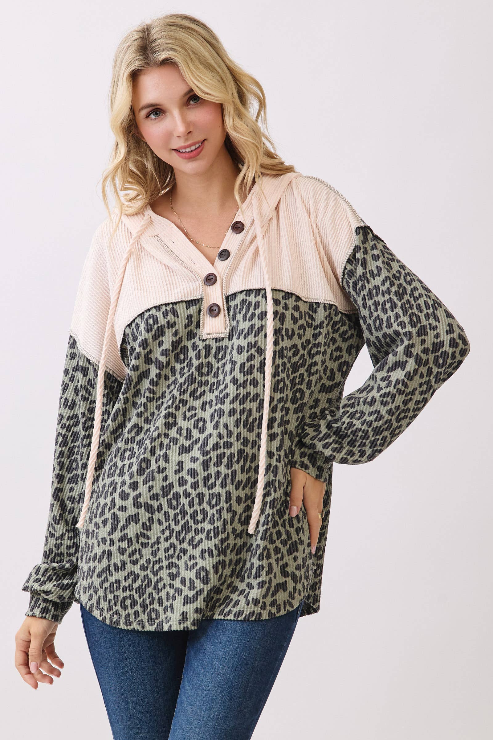 7th Ray - Wholesale Hoodie - Women's - Leopard Print Button Front Drawstring Hoodie T61156
