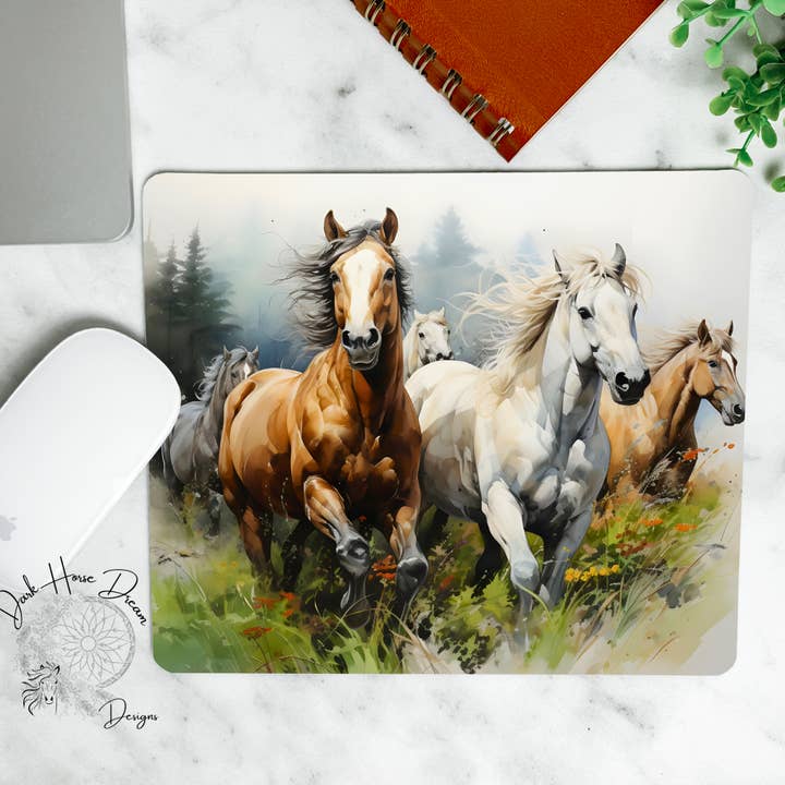 Caballos corriendo en el campo, caballo salvaje, equino, alfombrilla de ratón para venta al por mayor de Dark Horse Dream Designs LLC