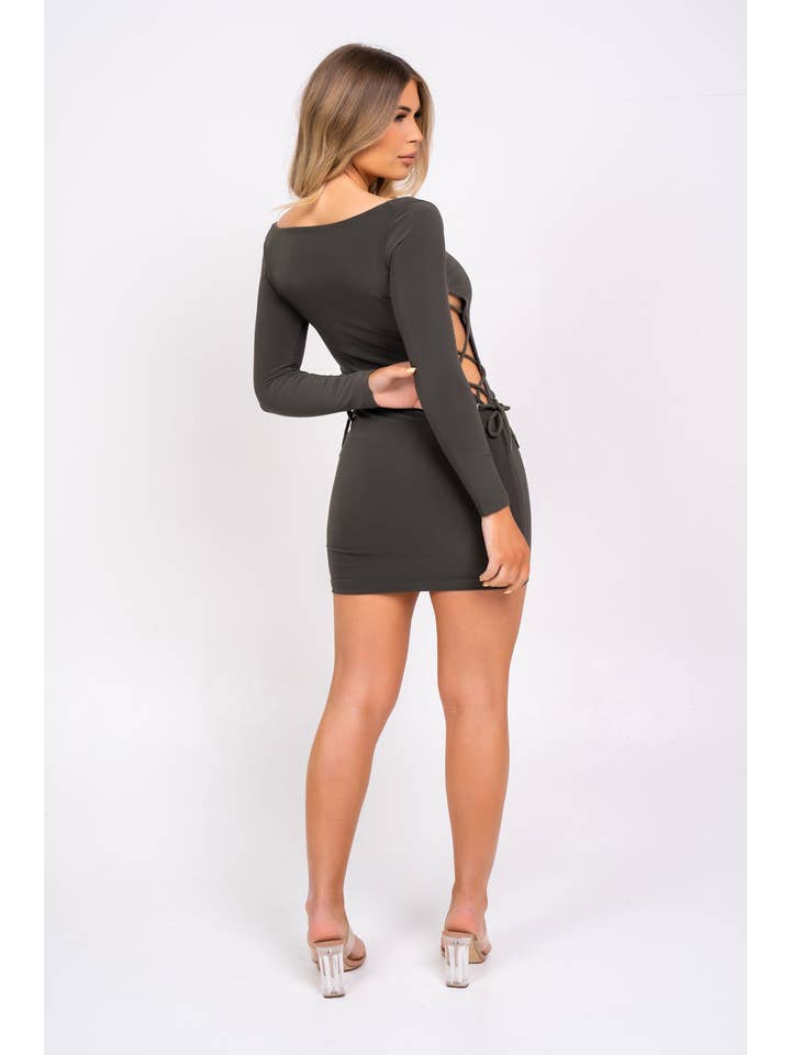 Nazz Collection Clothing Ltd - Wholesale Dress - Women's - Tie Me Down Khaki Open Lace Up Side Bodycon Seamless Mini Dress4