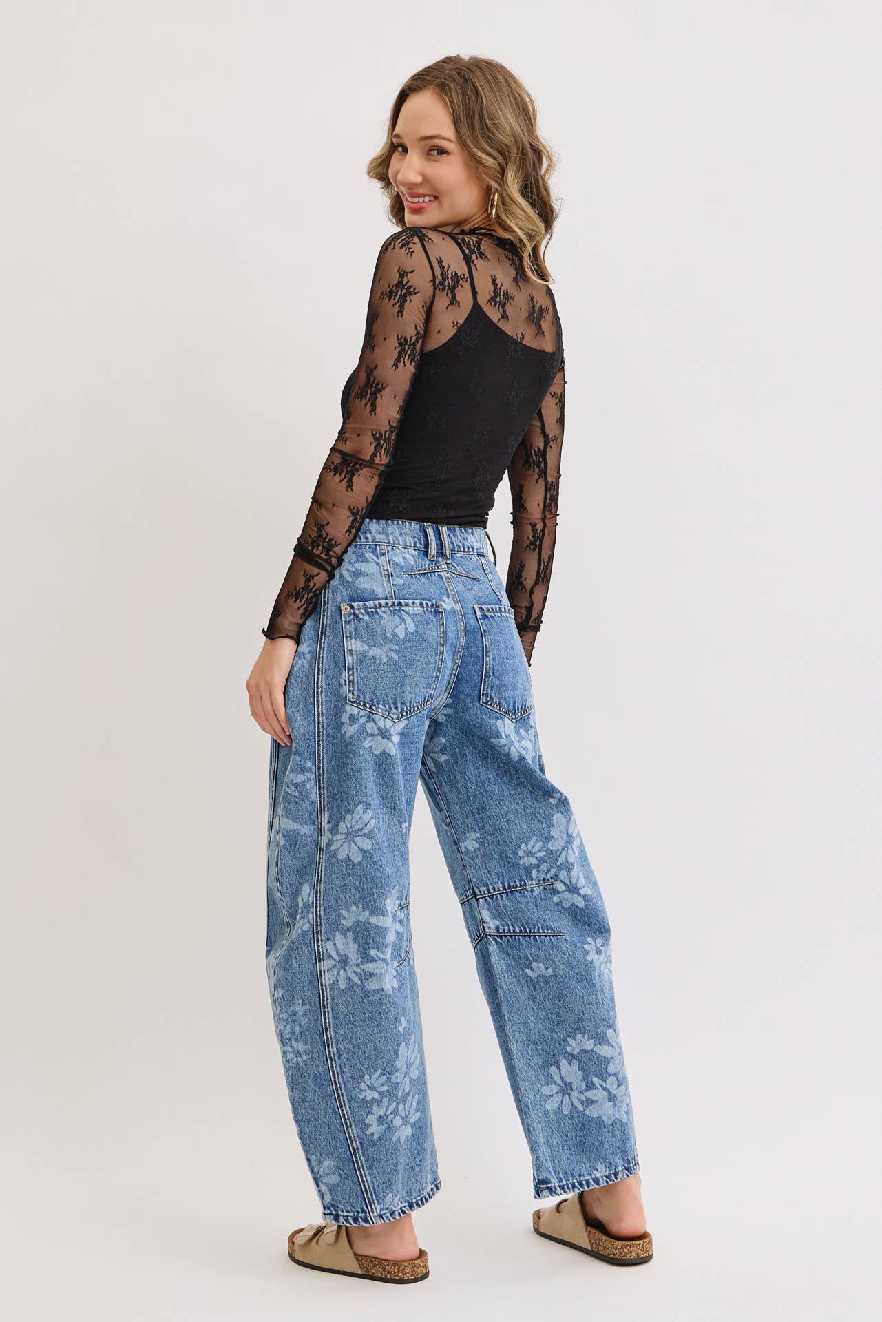 FLORAL PRINT DENIM BARREL JEANS for wholesale on Faire25