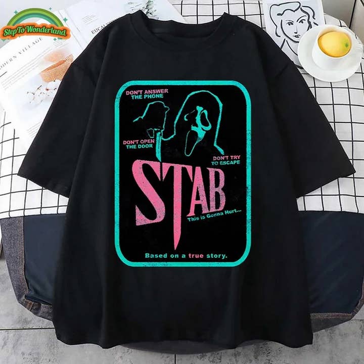 Black Stab Ghostface Vintage Style Horror Unisex Tshirt, Scream Ho for wholesale on Faire