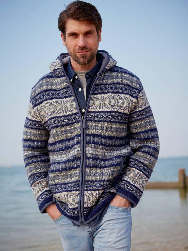 Mens Stornoway Fair Isle Zip Hoody Grey Blue Pattern for wholesale by Pachamama Ltd