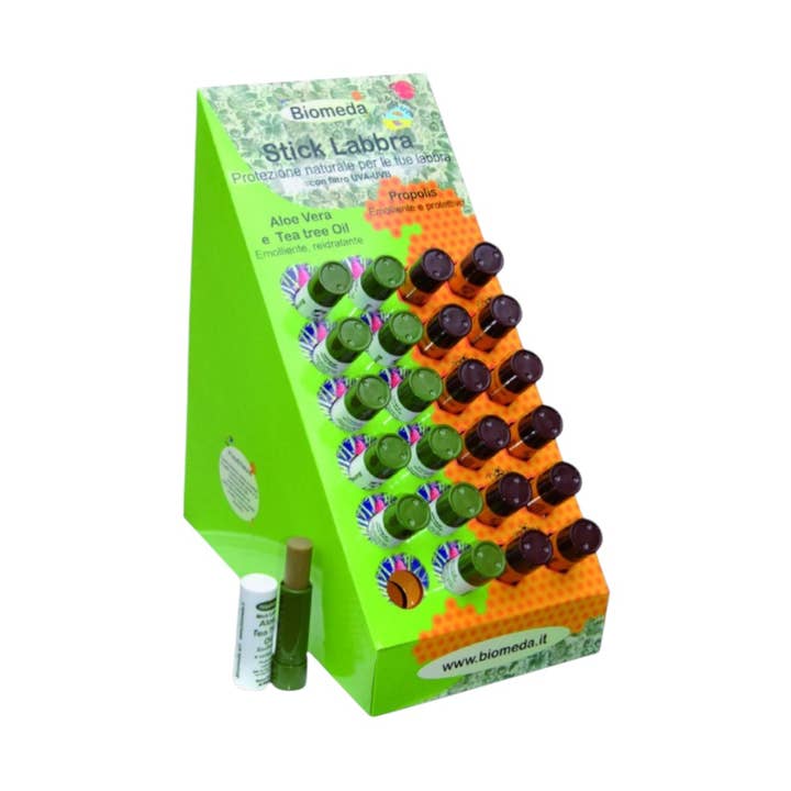 Aloe and Tea Tree Lip Balm Display + Propolis 24 pcs. for wholesale by pirotta srl