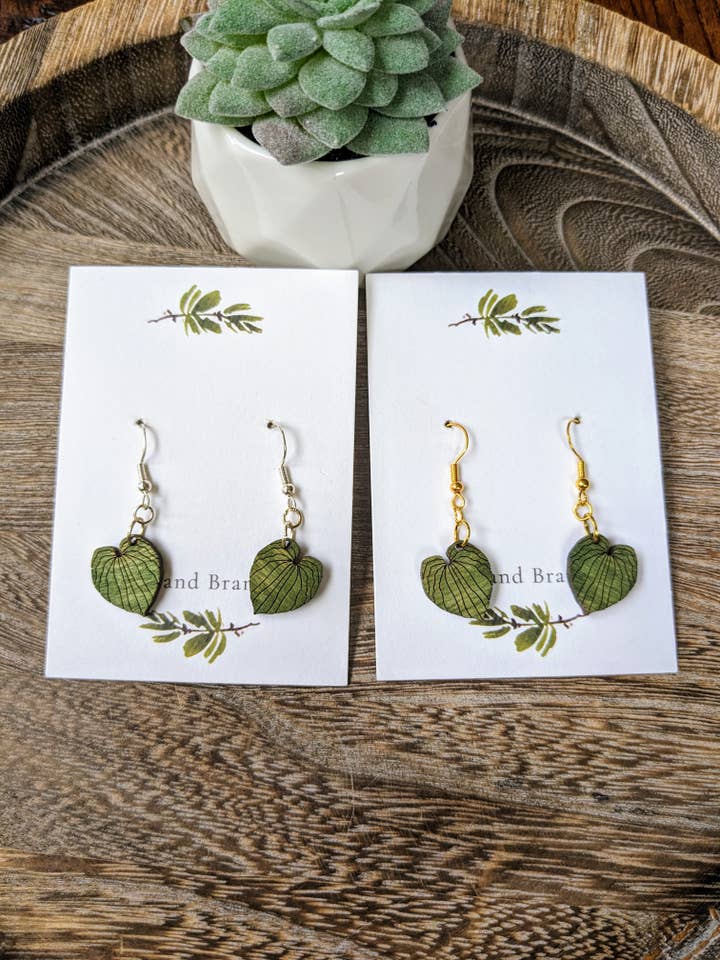 Hosta Leaf Mini Dangle Earrings | Handmade Wooden Earrings for wholesale by Stag and Branch