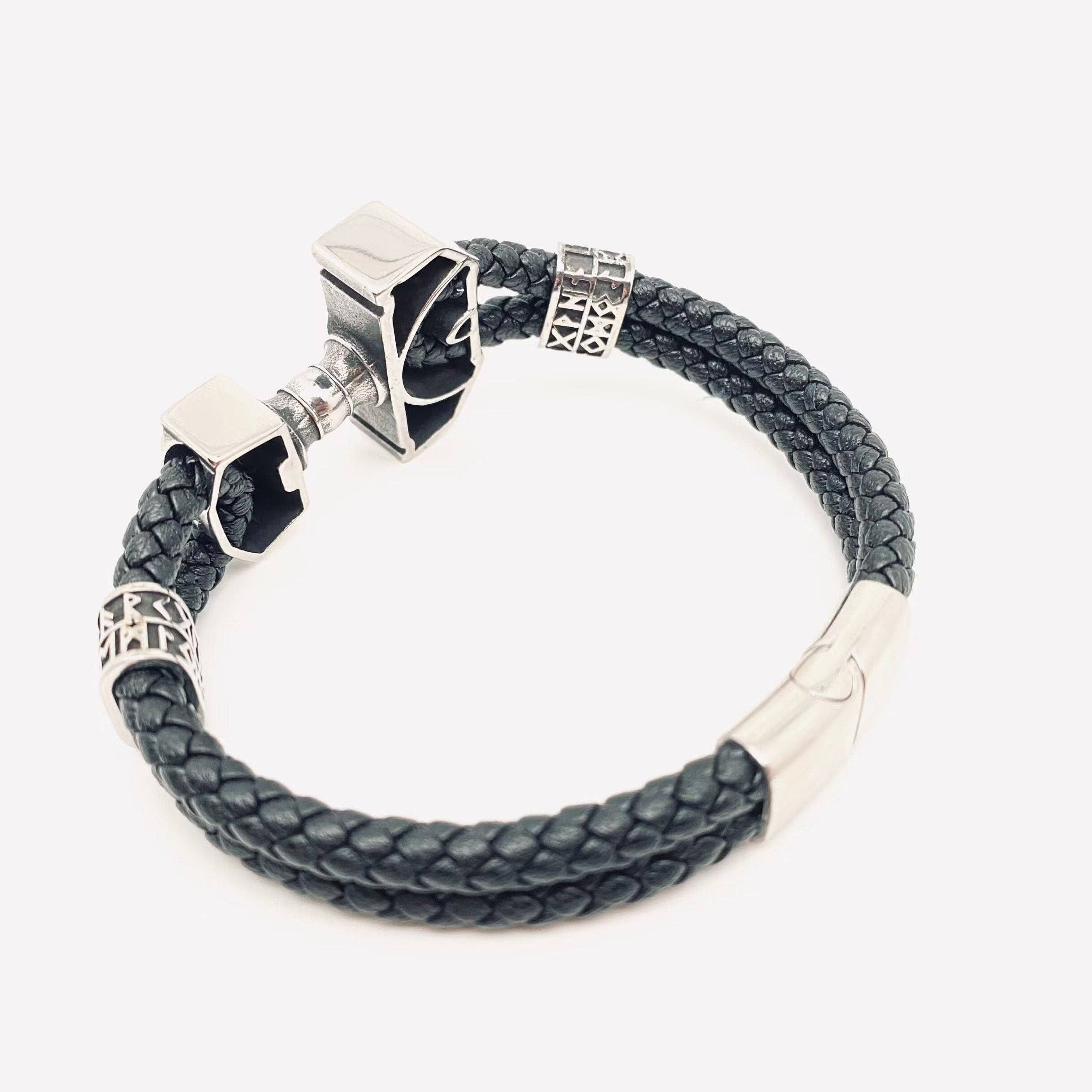 Mio Queena - Wholesale Woven/Braided Bracelet - Stainless Steel Thor's Hammer Pendant Woven Leather Bracelet1