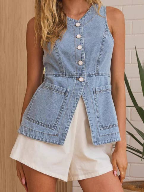 ElevateWell - Wholesale Outerwear Vest - Women's - Fashionable Casual Slim Fit Button Pocket Denim Vest3