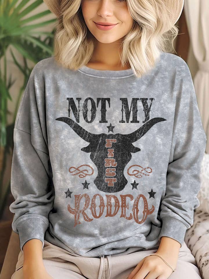 NOT MY FIRST RODEO COW MINERAL GRAPHIC BRUSHED SWEATSHIRTS for wholesale by Rustee Clothing