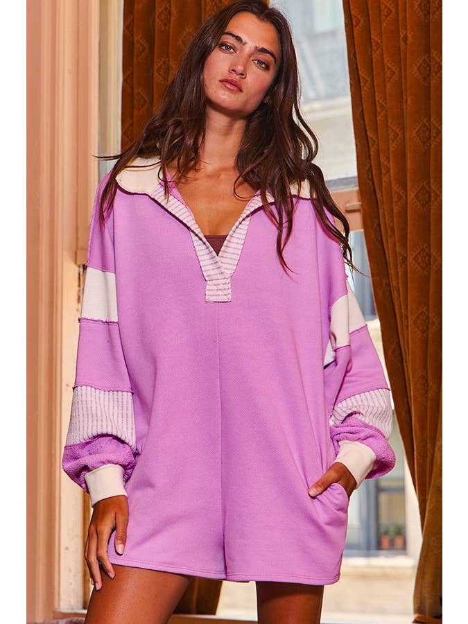 BUCKETLIST INC - Wholesale Romper - Women's - R5507 French Terry Color-block Collared Loose Fit Romper24