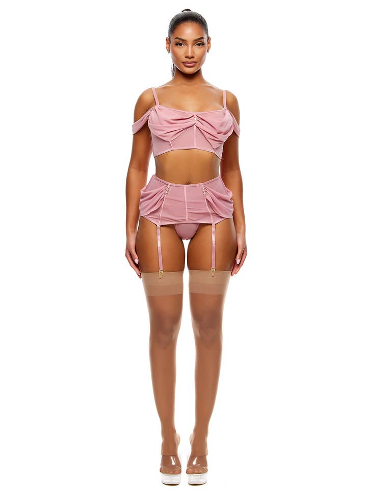 Princess Treatment Draped Mesh Bra and Garter Skirt Lingerie Set - Mauve for wholesale on Faire