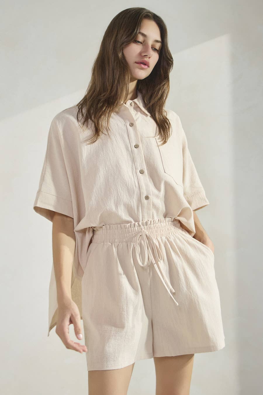 Oddi - Wholesale Lounge Set - Women's - Solid Cotton Oversized Shirt And Shorts Set4