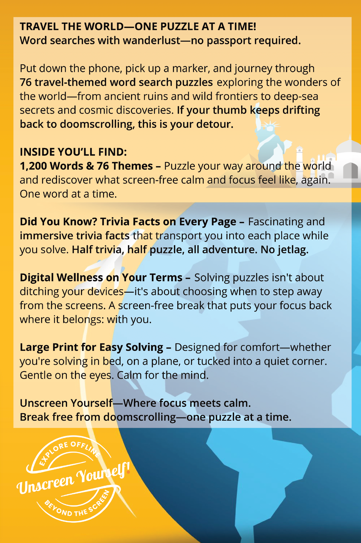 Unscreen Yourself! - Wholesale Puzzle - Adult - Worldly Wonders – Travel Word Search Puzzles with Trivia1