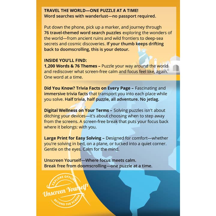 Unscreen Yourself! - Wholesale Puzzle - Adult - Worldly Wonders – Travel Word Search Puzzles with Trivia1