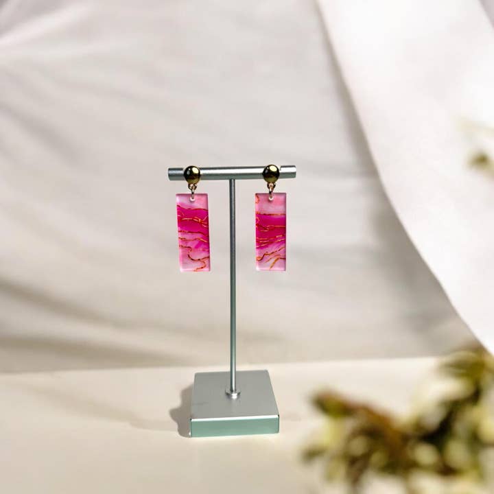 Fish Towne Designs, LLC - Wholesale Dangle Earrings - Pink Marbled Acrylic Statement Earrings with Gold Accents
