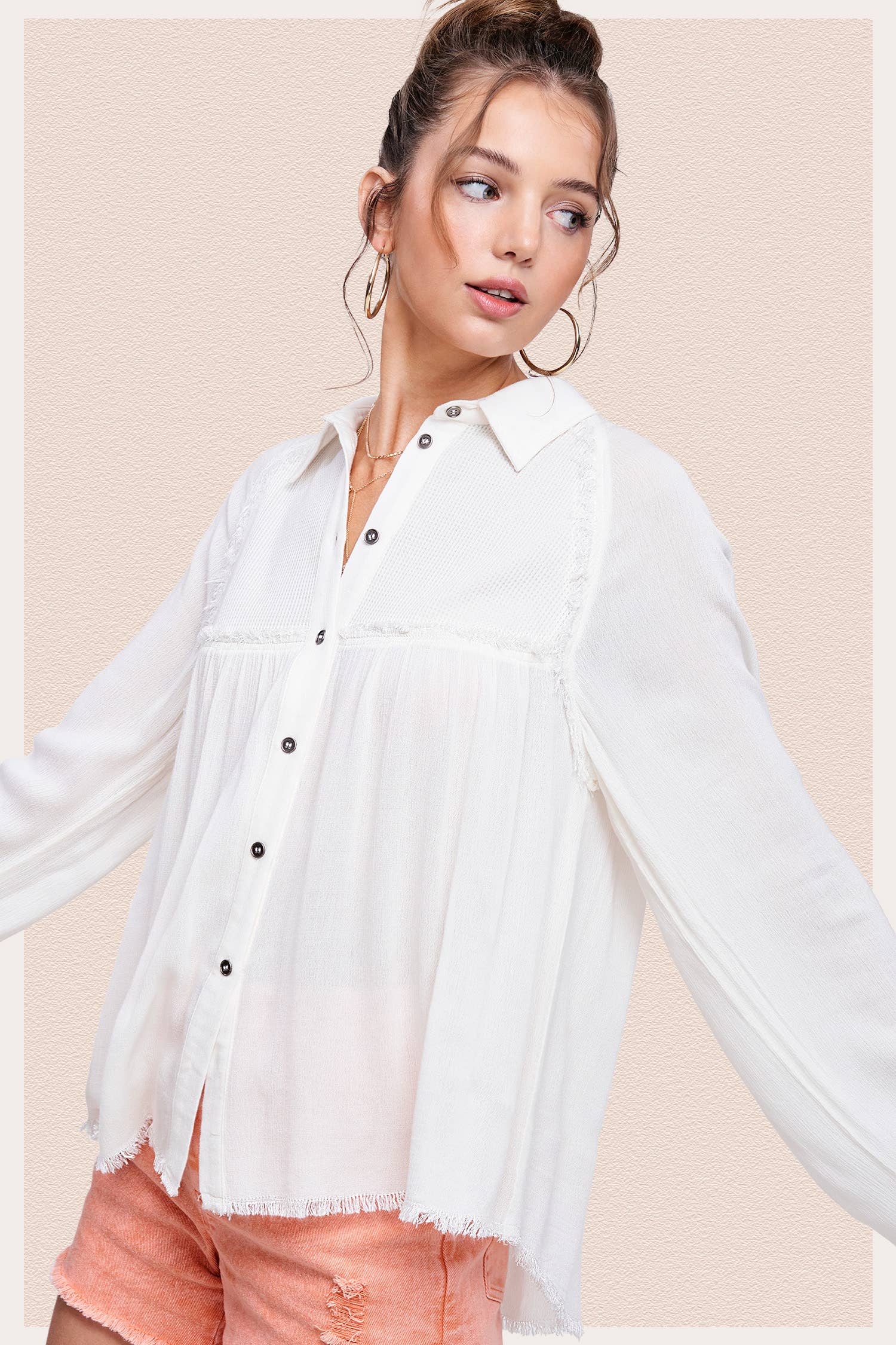 La Miel - Wholesale Button Down Shirt - Women's - SRT7802-Soft Washed Button Down Waffle Textured Gauze Shirts14