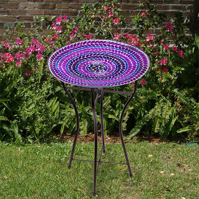 Audubon Glass Mosaic Bird Bath with Steel Stand, Purple for wholesale by BestNest Inc