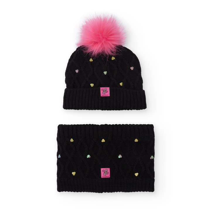 tuc tuc - Wholesale Winter Accessory Set - Kids - Girl's hat and neck set with pink pompom and sequins0