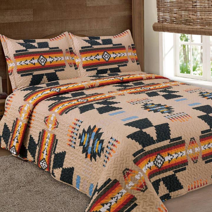 Western Linens - Wholesale Bedding Set - Cream Navajo 3pc Bedspread Quilt