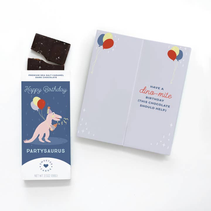 Happy Birthday Card w Chocolate Inside! (Partysaurus) for wholesale by Sweeter Cards Chocolate Bar + Greeting Card in ONE!
