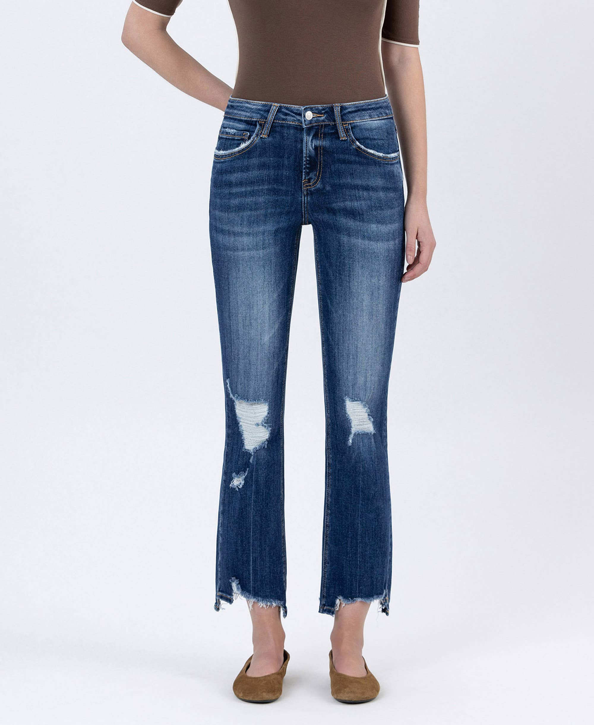 SPELLBOUND MID RISE SLANT STEP HEM CROP KICK FLARE JEANS LV1163 for wholesale on Faire0