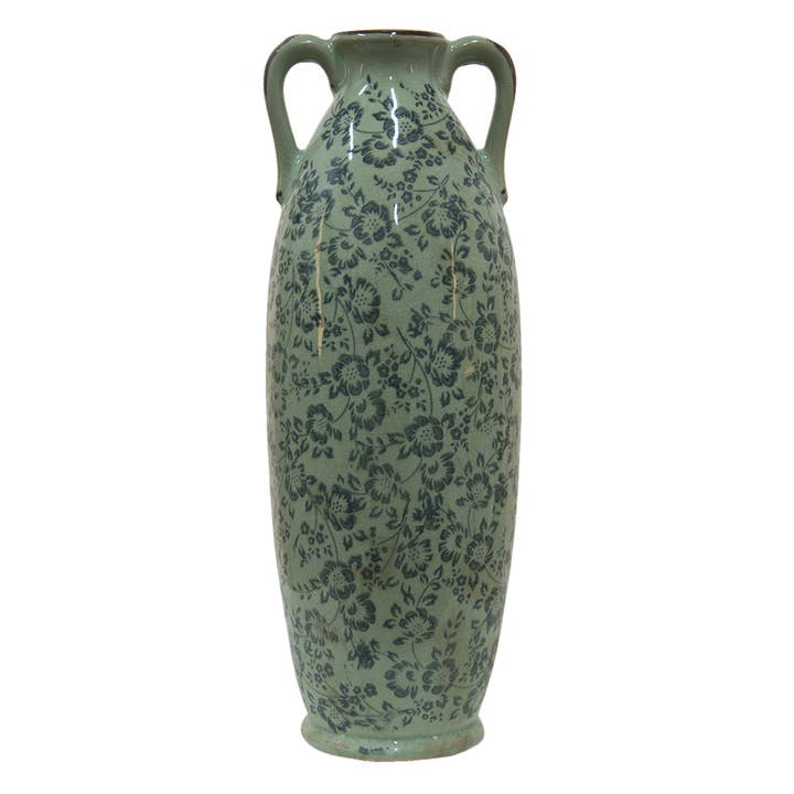 Vaso decorativo de cerâmica verde Ø 16 x 45 cm com alças Clayre & Eef por atacado de Clayre & Eef