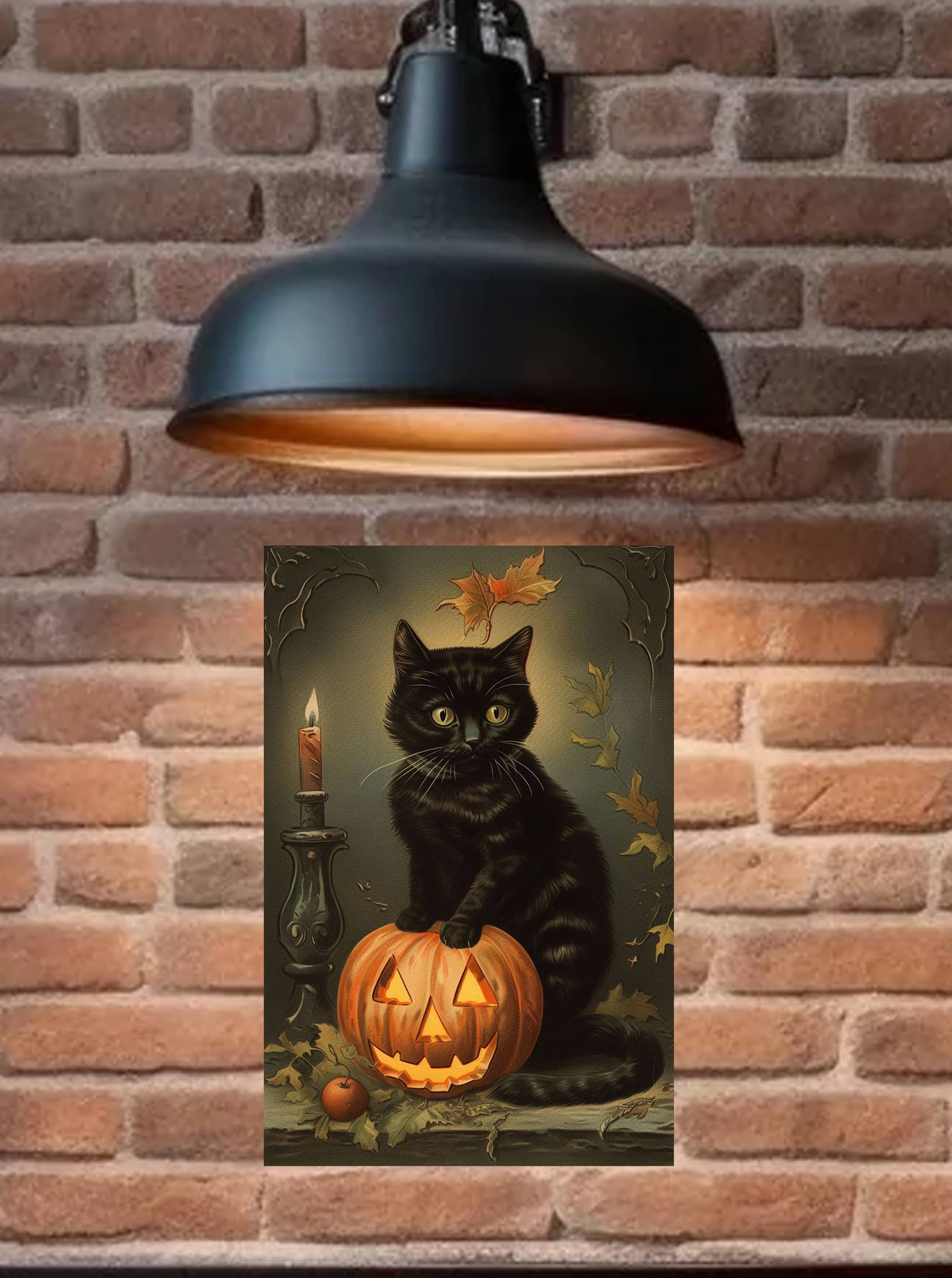 Bad Bunny Designs - Wholesale Art Print - Halloween Black Kitty with  Candle Pumpkin    Metal Sign   2